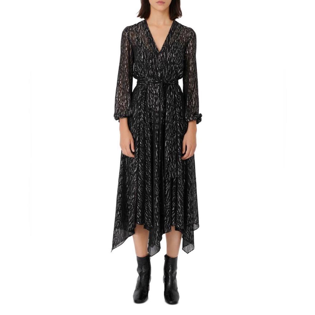 Maje Gathered Metallic Georgette Midi Dress